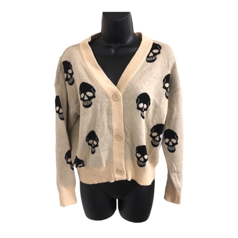 Cream skull print button front v-neck grandpa style cardigan size Medium new - Picture 2 of 11
